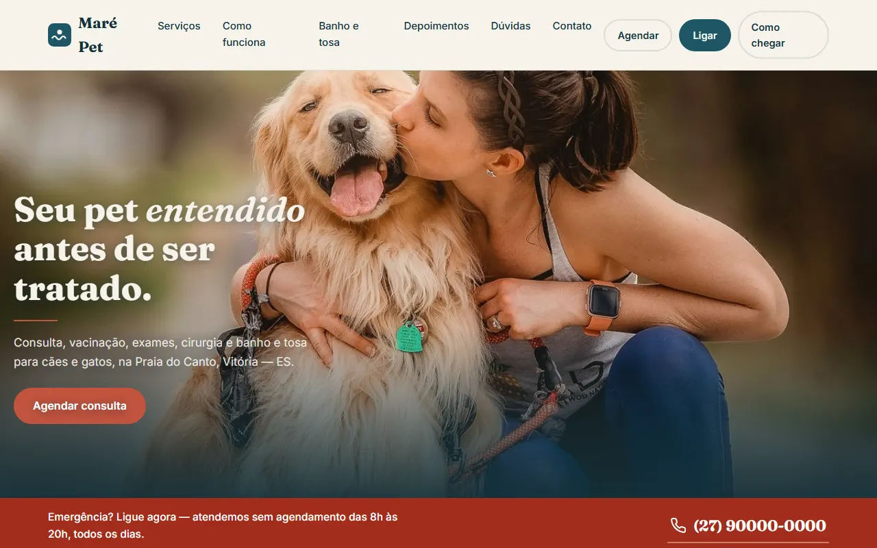 Prévia do modelo Maré Pet: página inicial de um site para pet shops e clínicas