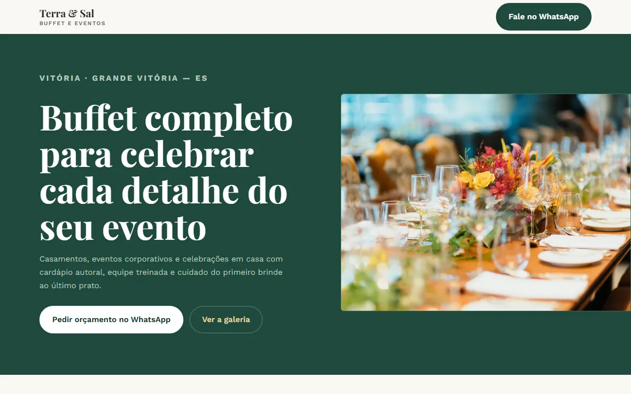 Prévia do modelo Terra & Sal: página inicial de um site para buffets e eventos